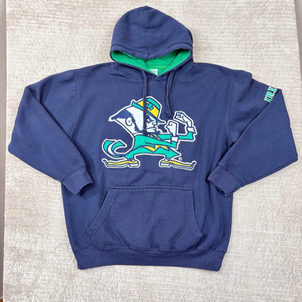 E5 Notre Dame Fighting Irish Hoodie Navy‎ Blue Leprechaun Mascot Mens Medium